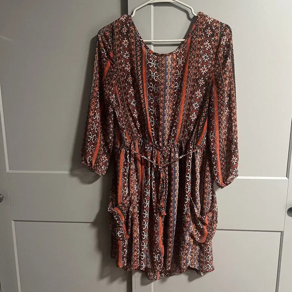 Band of Gypsies Womens Semi Sheer Geometric Print Dress Orange Boho Size Large - Picture 3 of 6